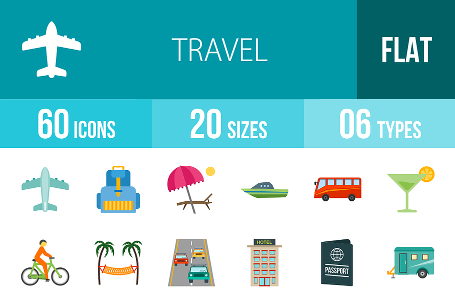 60 Travel Flat Multicolor Icons