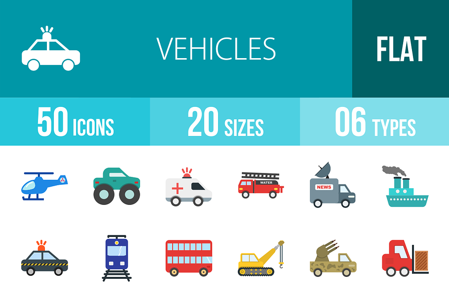 50 Vehicles Flat Multicolor Icons in Icons - product preview 8
