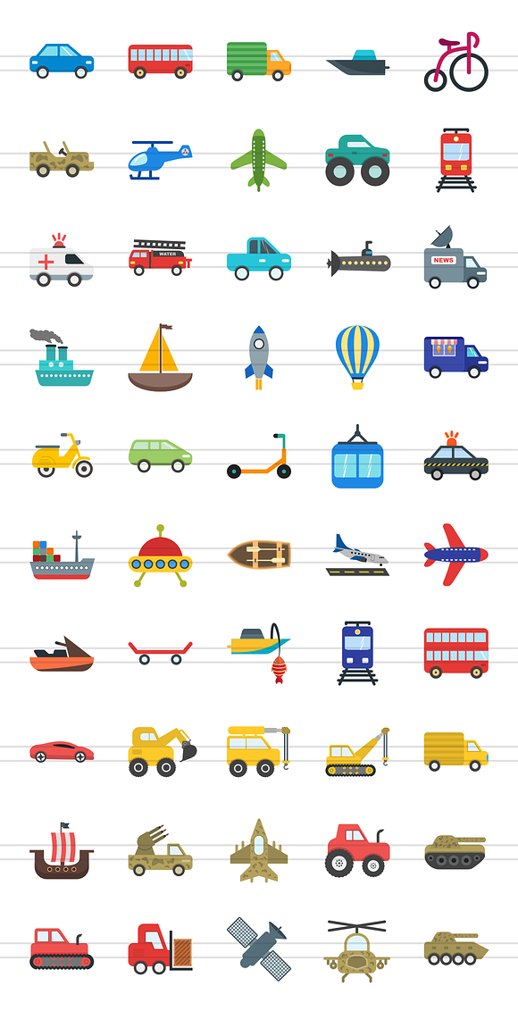 50 Vehicles Flat Multicolor Icons in Icons - product preview 1