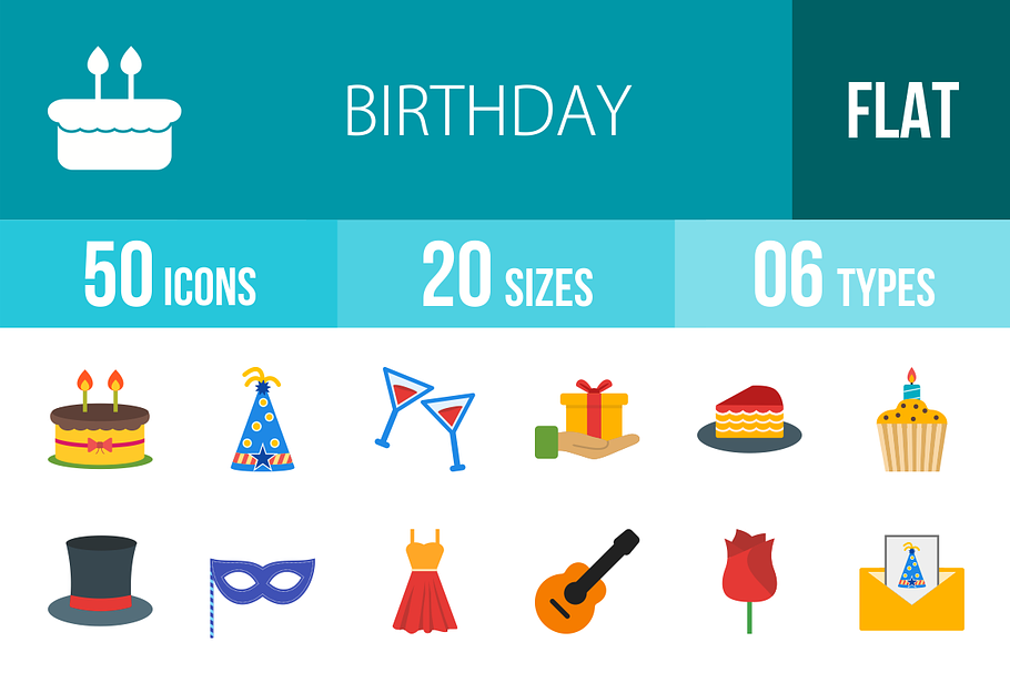 50 Birthday Flat Multicolor Icons in Graphics - product preview 8