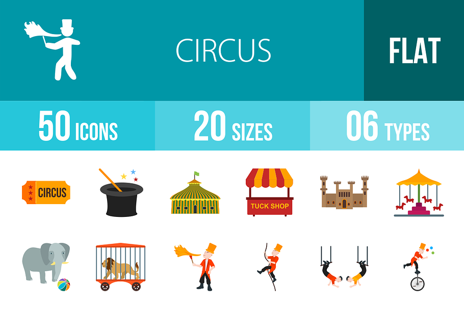 50 Circus Flat Multicolor Icons