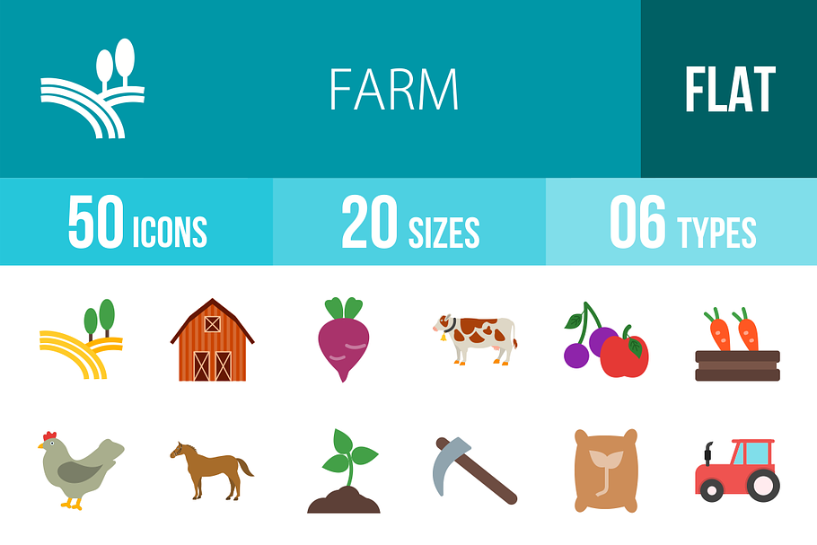50 Farm Flat Multicolor Icons
