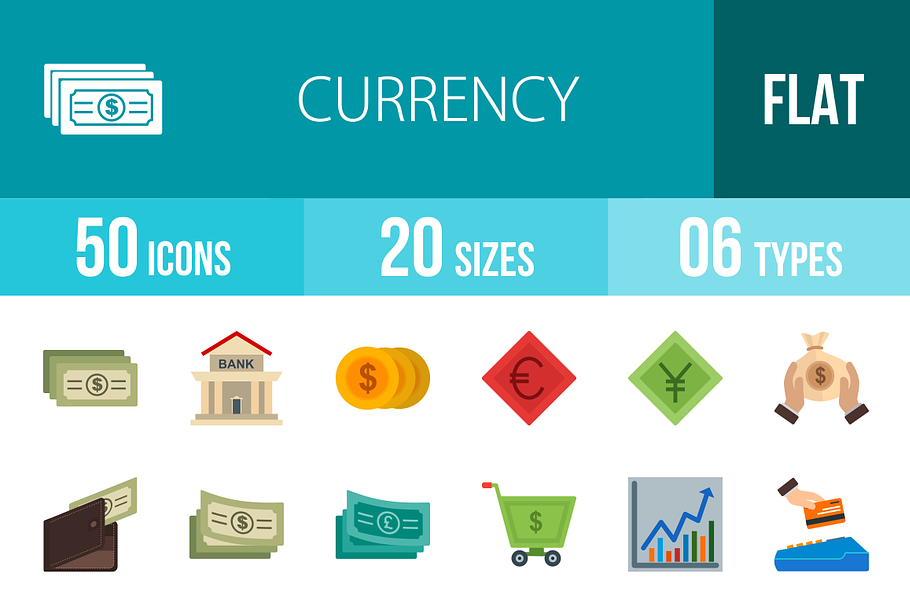 50 Currency Flat Multicolor Icons in Graphics - product preview 8
