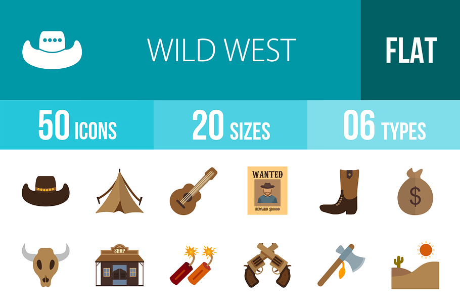 50 Wild West Flat Multicolor Icons
