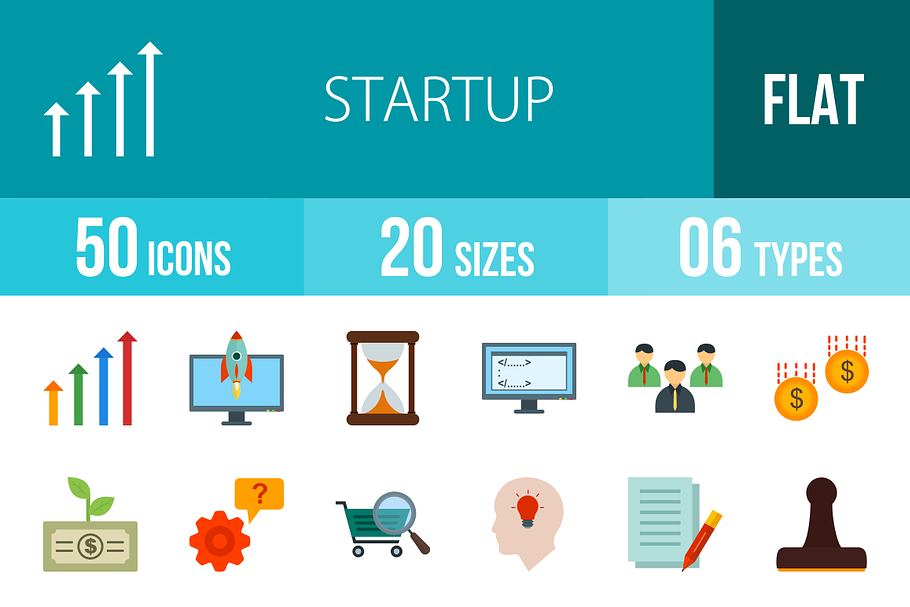 50 Startup Flat Multicolor Icons