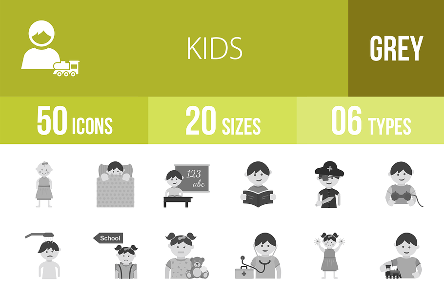 50 Kids Greyscale Icons