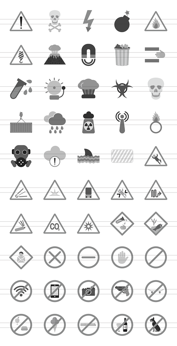 50 Warning & Caution Greyscale Icons in Graphics - product preview 1