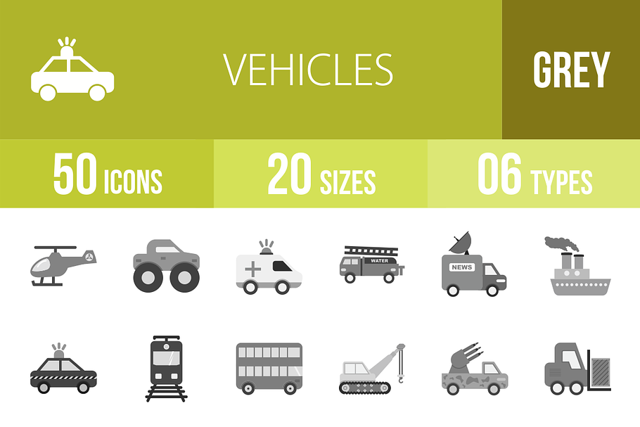 50 Vehicles Greyscale Icons