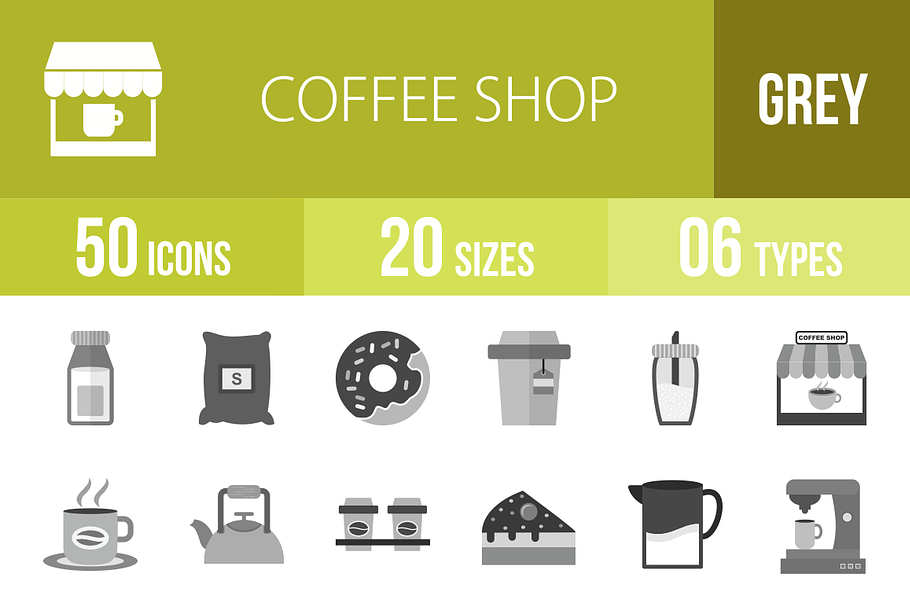 50 Coffee Shop Greyscale Icons