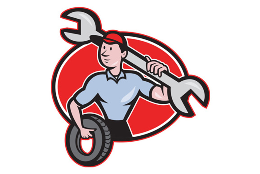Mechanic With Spanner And Tire Oval in Illustrations - product preview 8