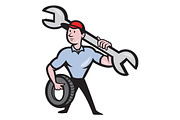 Mechanic With Spanner And Tire Wheel