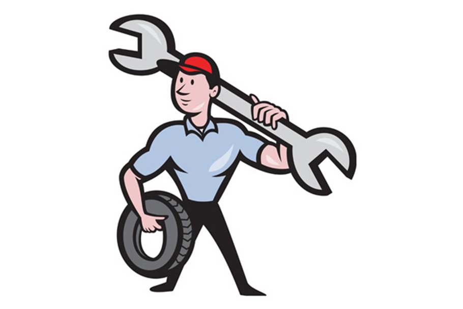 Mechanic With Spanner And Tire Wheel in Illustrations - product preview 8
