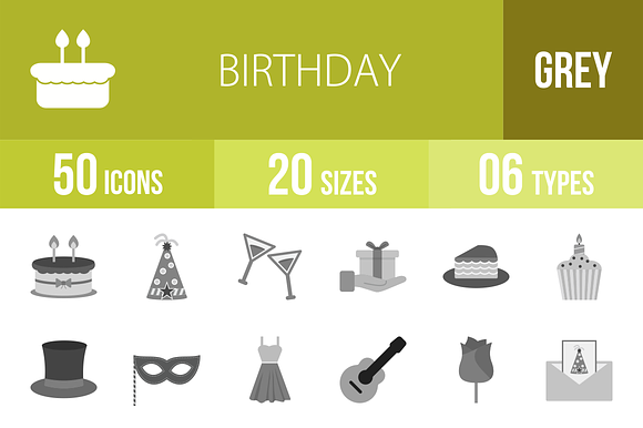 50 Birthday Greyscale Icons in Graphics - product preview 1