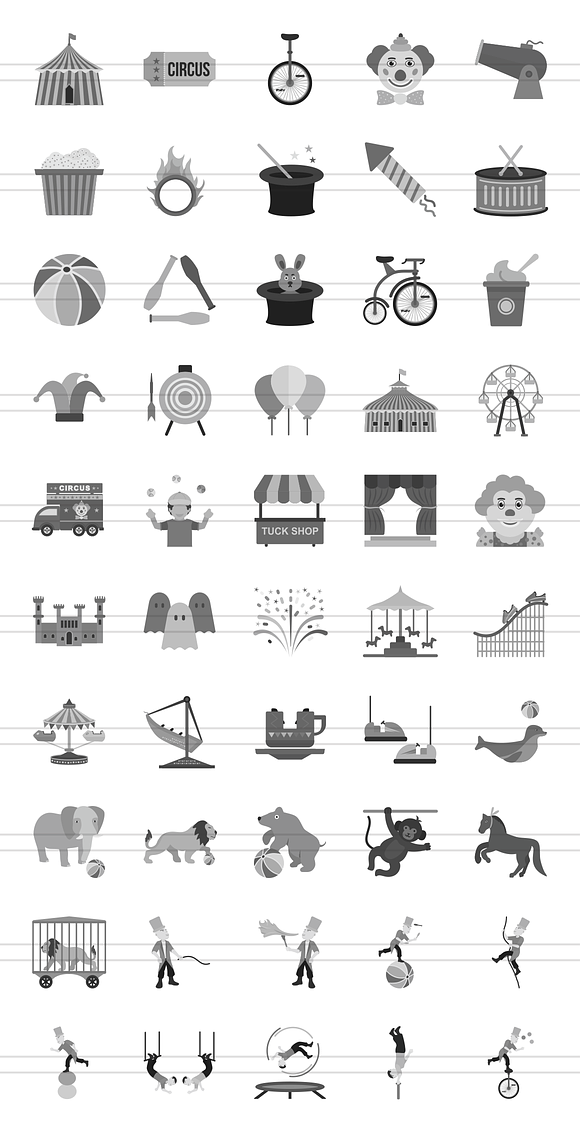 50 Circus Greyscale Icons in Graphics - product preview 1