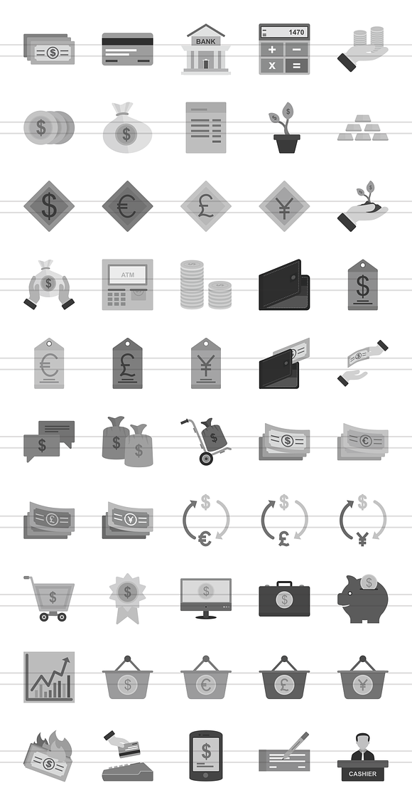 50 Currency Greyscale Icons in Graphics - product preview 1