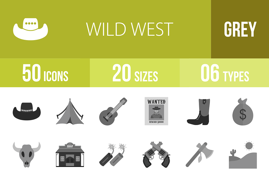 50 Wild West Greyscale Icons in Graphics - product preview 8