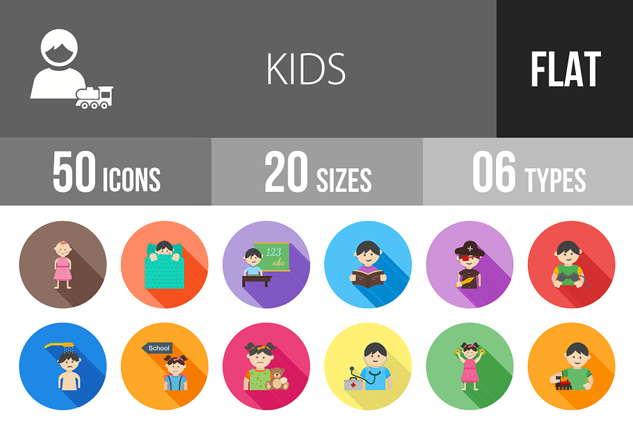 50 Kids Flat Shadowed Icons in Graphics - product preview 8