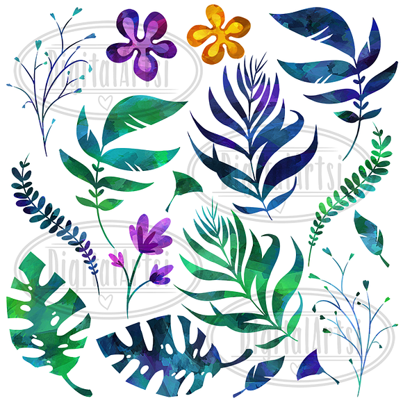 Watercolor Tropical Leaves Clipart in Illustrations - product preview 1