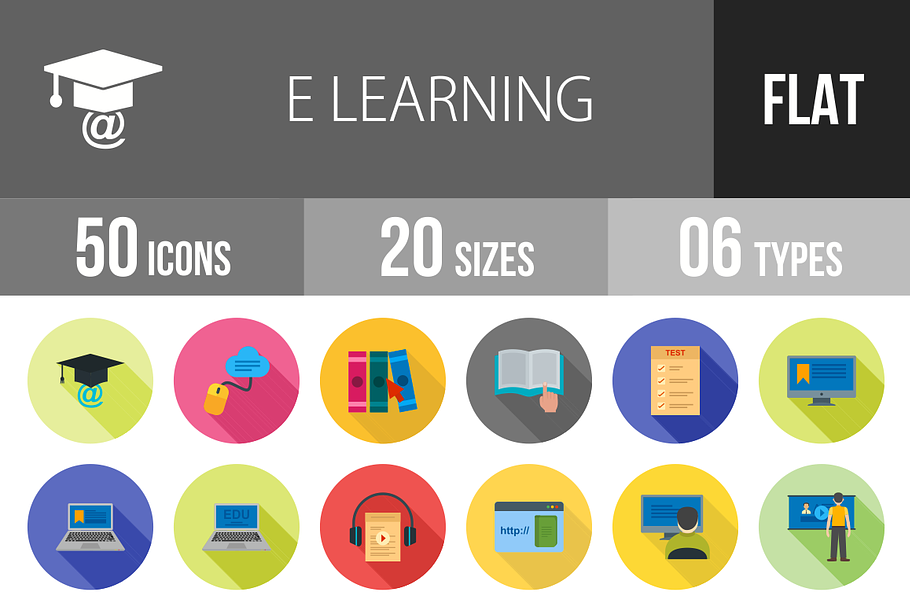 50 E Learning Flat Shadowed Icons in Graphics - product preview 8