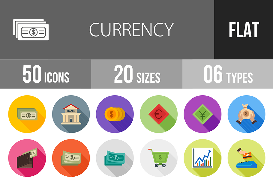 50 Currency Flat Shadowed Icons