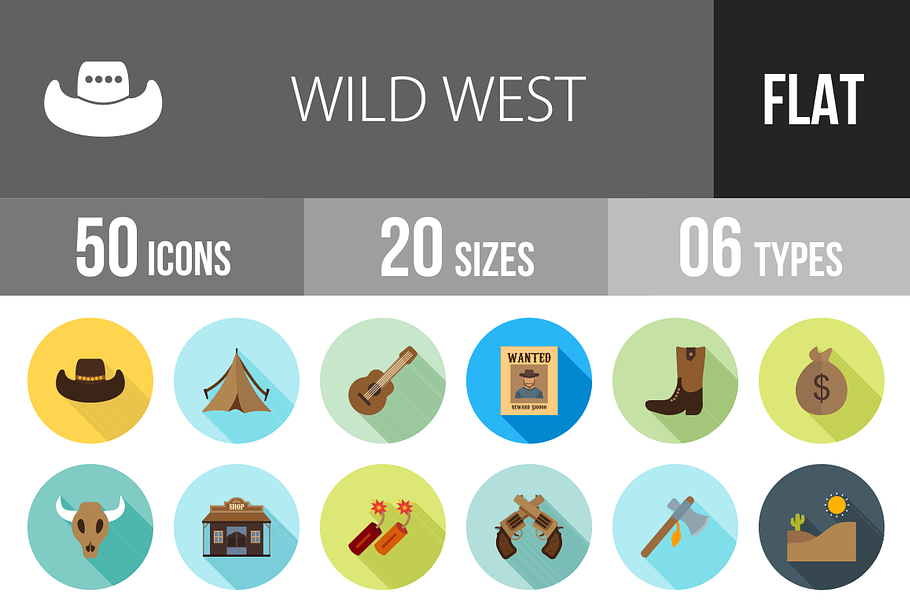 50 Wild West Flat Shadowed Icons