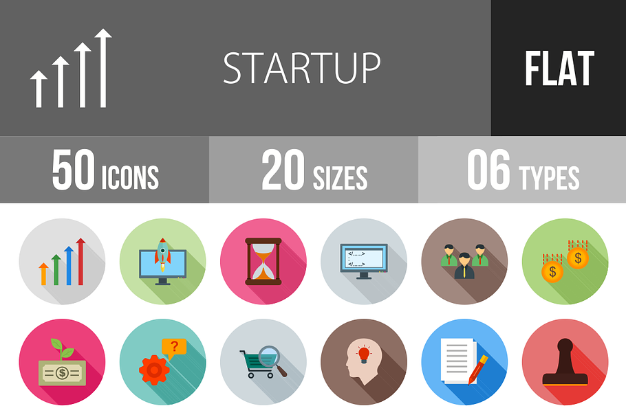 50 Startup Flat Shadowed Icons