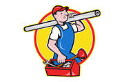 Plumber With Pipe Toolbox Cartoon