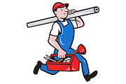 Plumber With Pipe Toolbox Cartoon