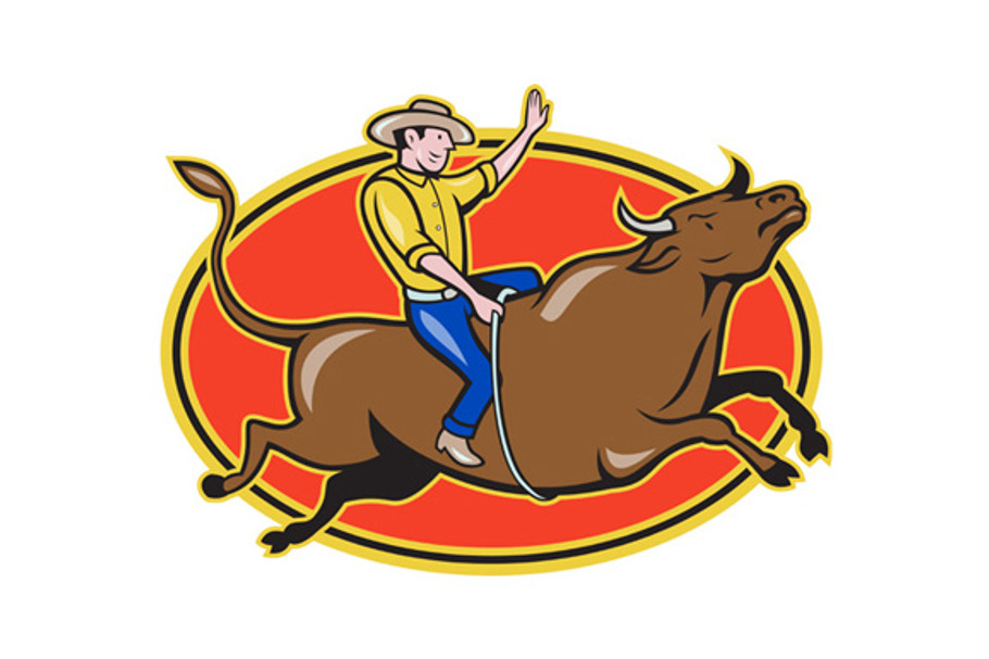 Rodeo Cowboy Bull Riding Oval Retro in Illustrations - product preview 8