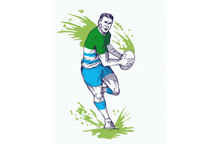 Rugby Player Running Passing Ball in Illustrations - product preview 8