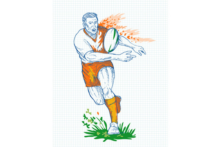 Rugby Player Running Passing Ball in Illustrations - product preview 8