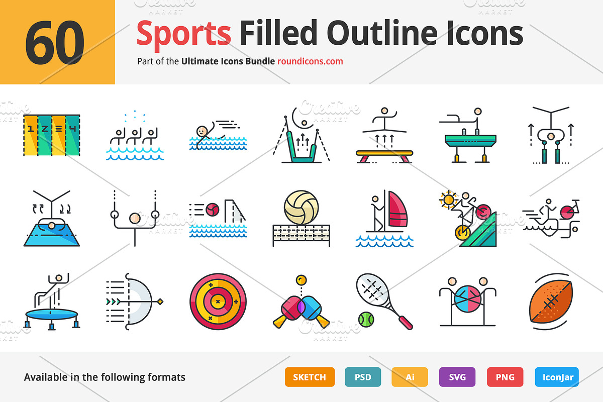 60 Sports Filled Outline Icons in Graphics - product preview 8