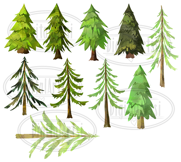 Watercolor Pine Trees Clipart in Illustrations - product preview 1