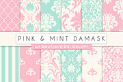 Pink and Mint Damask Digital Paper