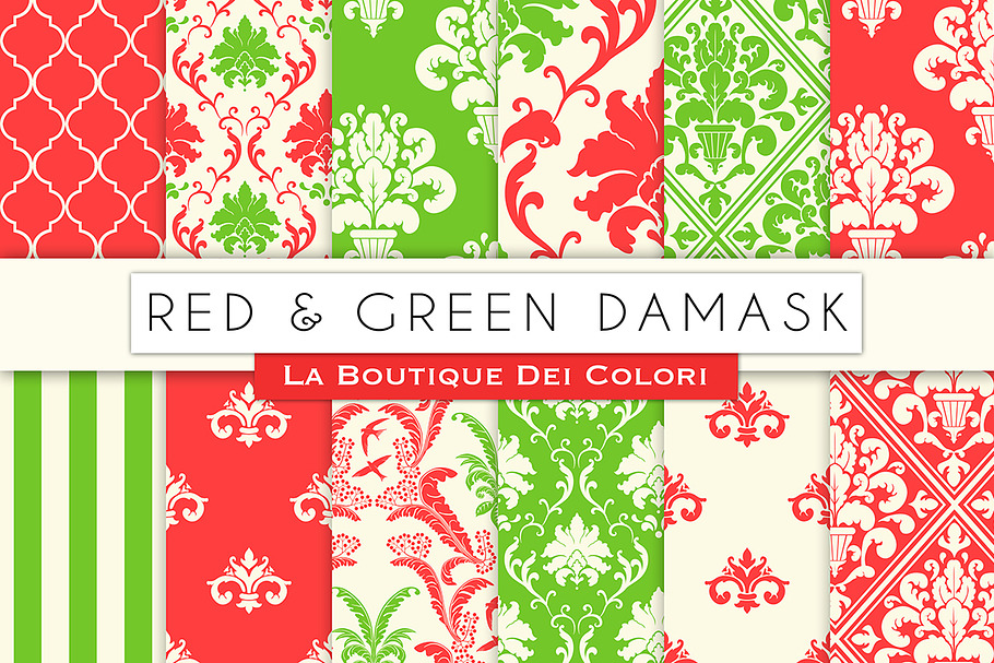 Red and Green Damask Digital Paper in Patterns - product preview 8