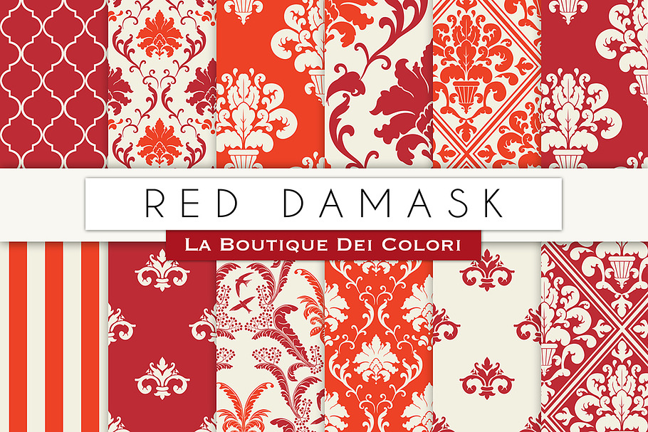 Red Damask Seamless Digital Paper in Patterns - product preview 8
