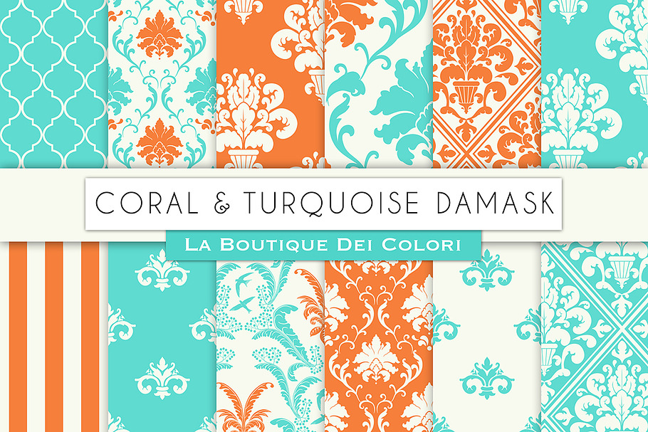 Coral and Turquoise Damask