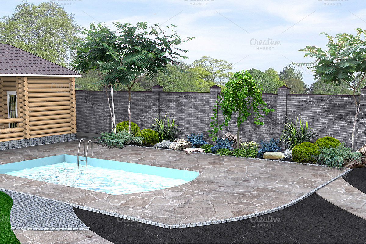 Poolside landscape design, 3d render in Illustrations - product preview 8