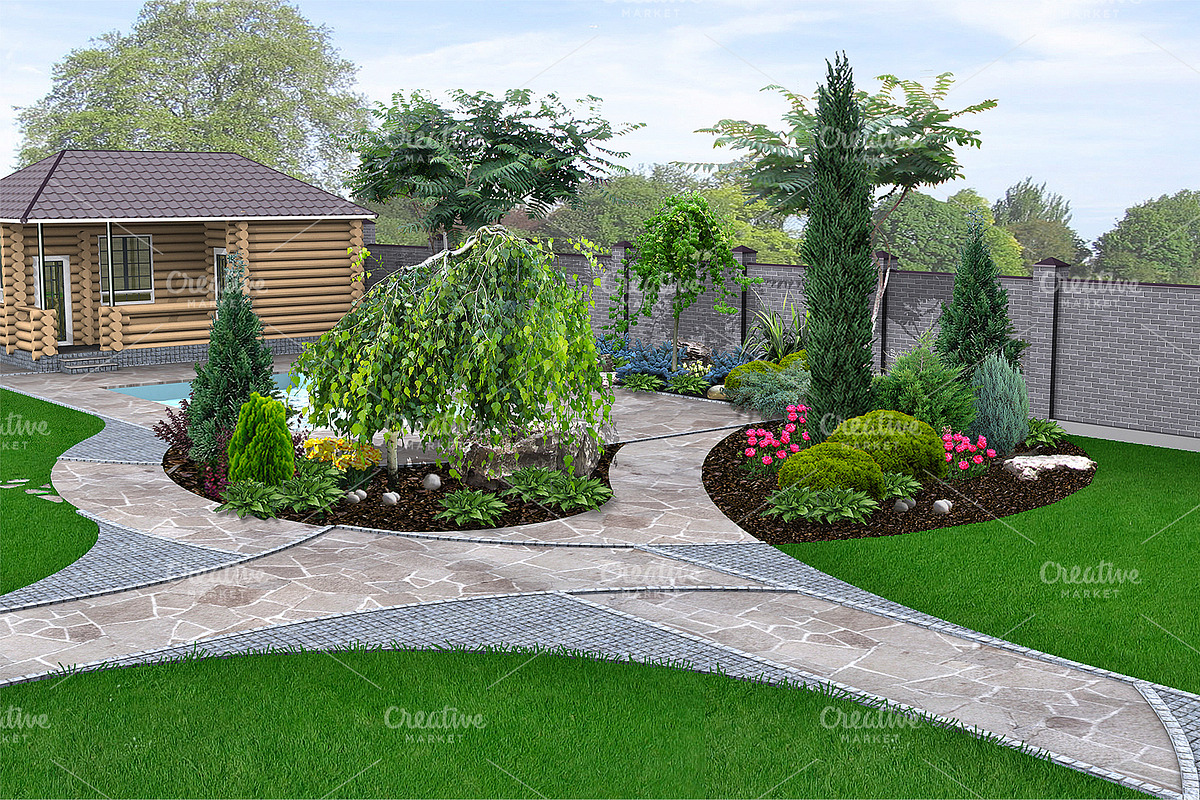 Poolside landscape design, 3d render in Illustrations - product preview 8