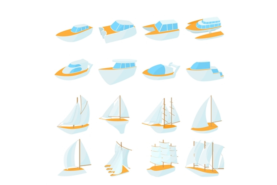 Yacht icons set, cartoon style