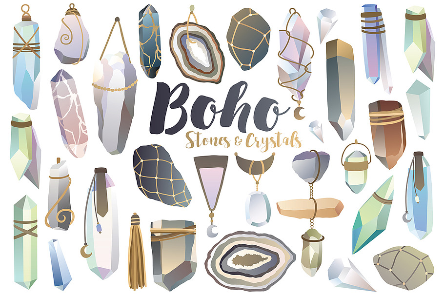 Boho Crystals & Stones Clipart Set