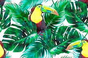 Watercolor toucans,leaves pattern