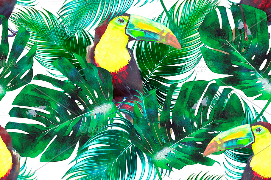 Watercolor toucans,leaves pattern in Patterns - product preview 8