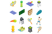 Tennis icons set, isometric 3d style