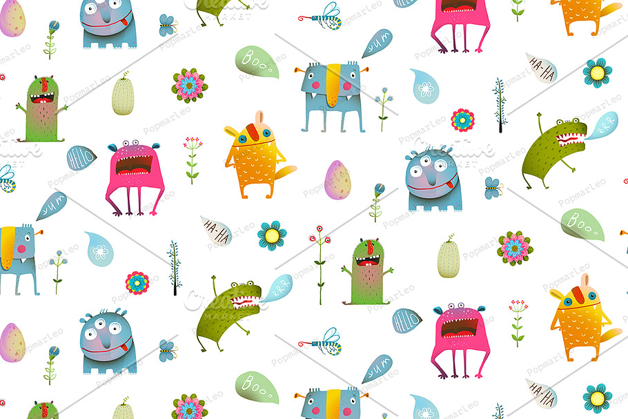 Seamless cartoon monster background in Patterns - product preview 8