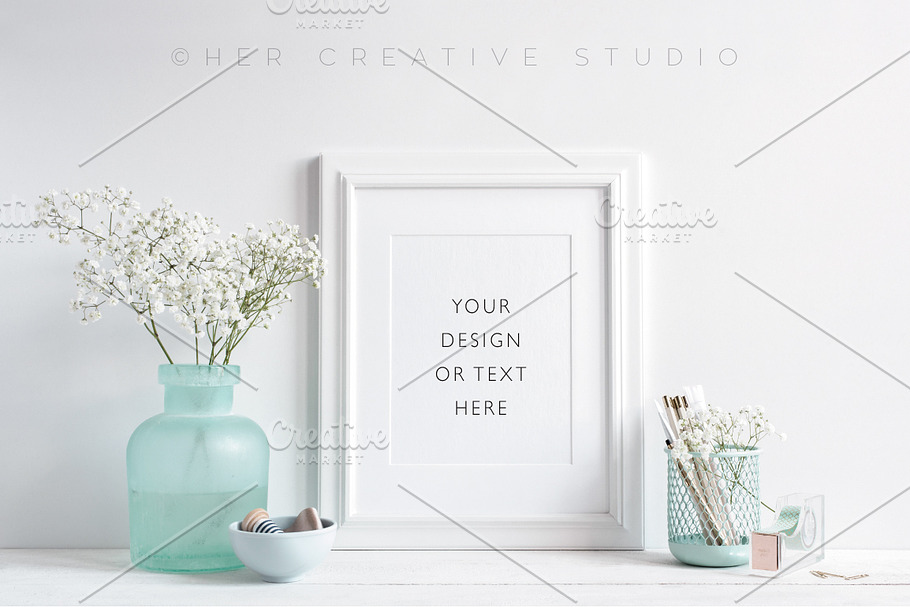 White Frame, Turquoise Desk Accents in Mobile & Web Mockups - product preview 8