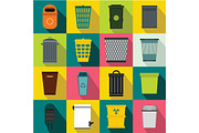 Trash can icons set, flat style 