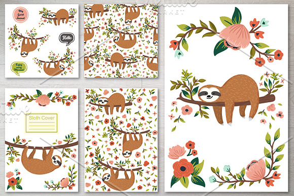 Cute sloths cards, patterns, icons in Illustrations - product preview 4