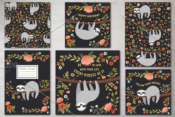 Cute sloths cards, patterns, icons in Illustrations - product preview 5