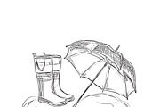 rain boots and umbrella, sketch
